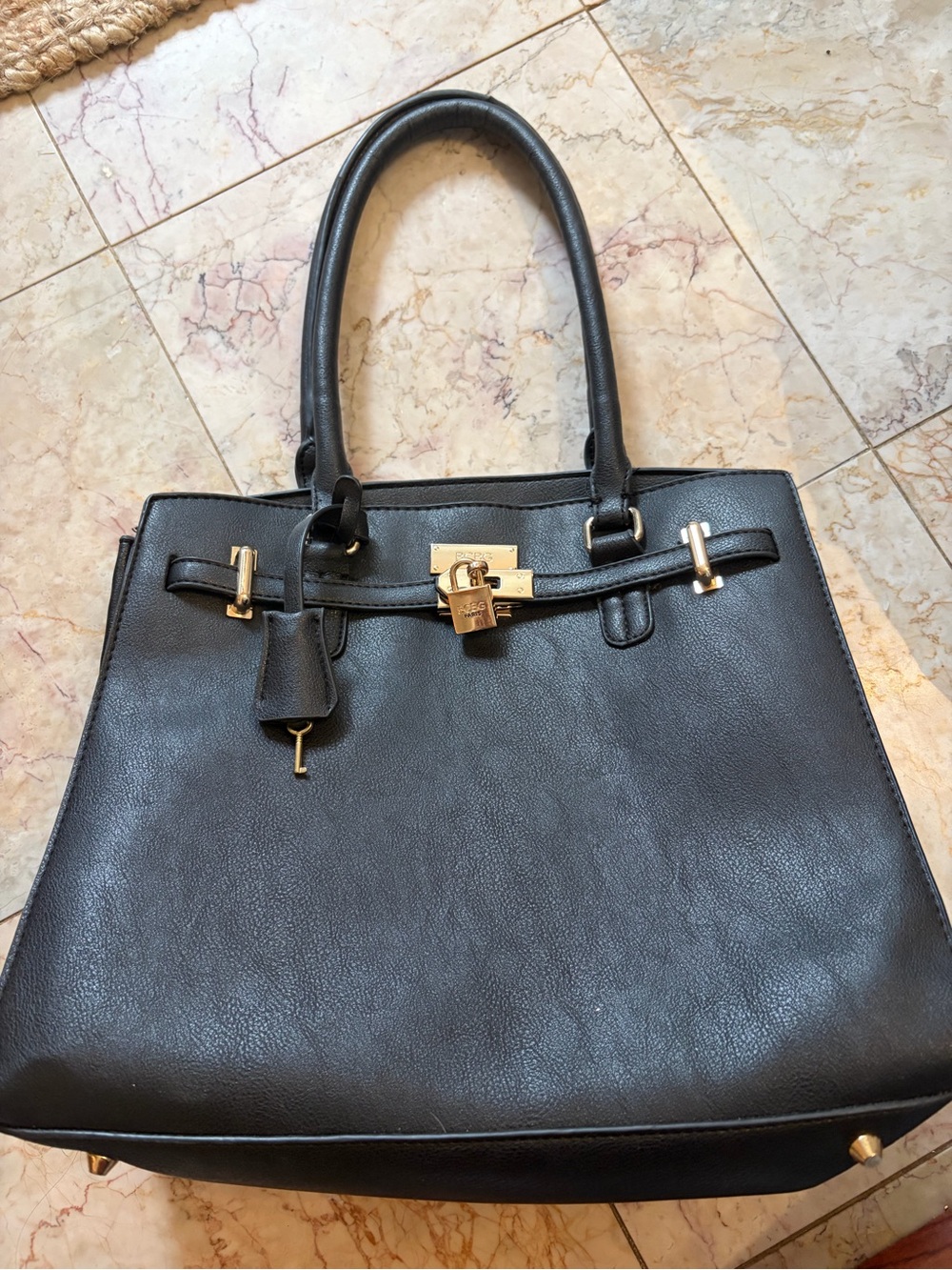 BCBG Birkin dupe Black Structured Women's Tote Bag with Gold Hardware